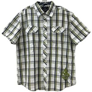 Marc Ecko Men's Plaid Shirt XL Green Blue Embroidered Front‎ & Back Short Sleeve